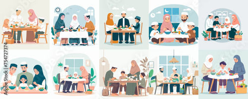 Vector set of Muslim family eating in flat design style