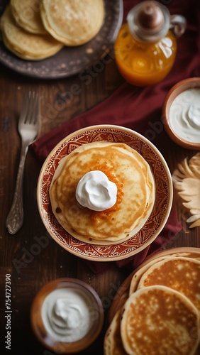 pancakes with sour cream,wooden background,view from above.
