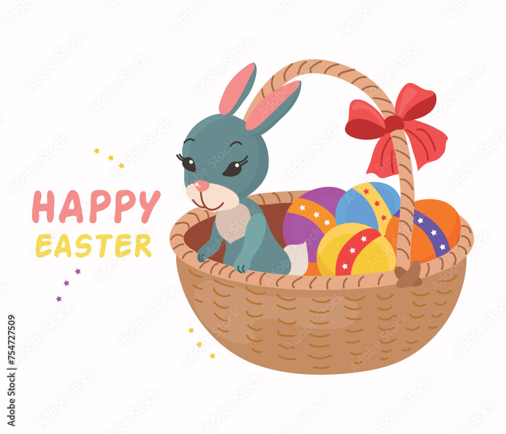 Easter rabbit in basket with eggs vector cartoon card illustration Easter rabbit in basket with eggs vector cartoon card illustration
