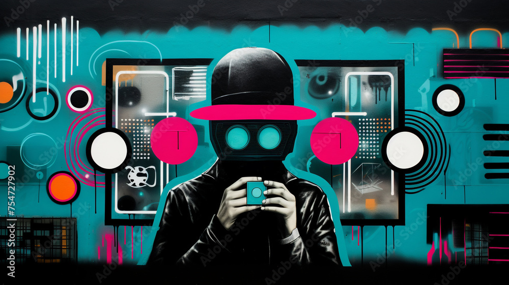 An AI-generated mural blending abstract patterns with technological motifs An AI-generated mural blending abstract patterns with technological motifs