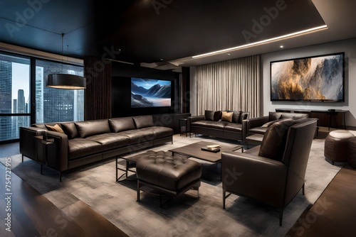 Tech-Savvy Entertainment Room with Sleek Audiovisual Setup and Comfortable Seating. © Hafsa