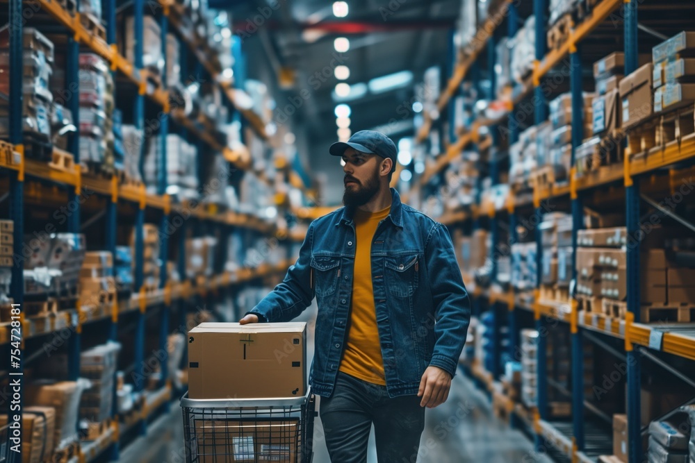 Bearded man with a cap pushing a shopping cart in a warehouse, concept of commerce, logistics, and consumerism