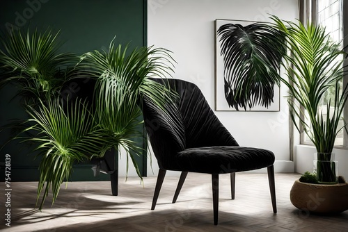 A well-composed image reveals the elegance of a black chair paired with a vibrant green palm plant, creating a visually pleasing interior setting. © Hafsa
