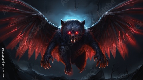 A vampire bear with wings spread wide ready to take flight