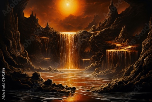 A waterfall of lava flowing into a pool of liquid gold under a silver moon