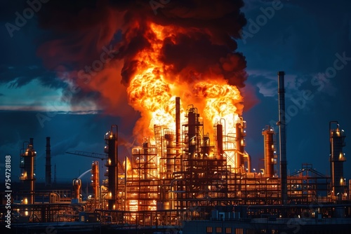 Industrial plant emitting fiery explosion at night, concept of emergency, industrial hazard, and environmental impact