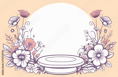 Round frame of flowers and pedestal, pastel colors, copy space © Maryna