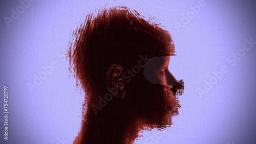 Glitched red 3D Human head on mauve purple color background. 4k Loop.