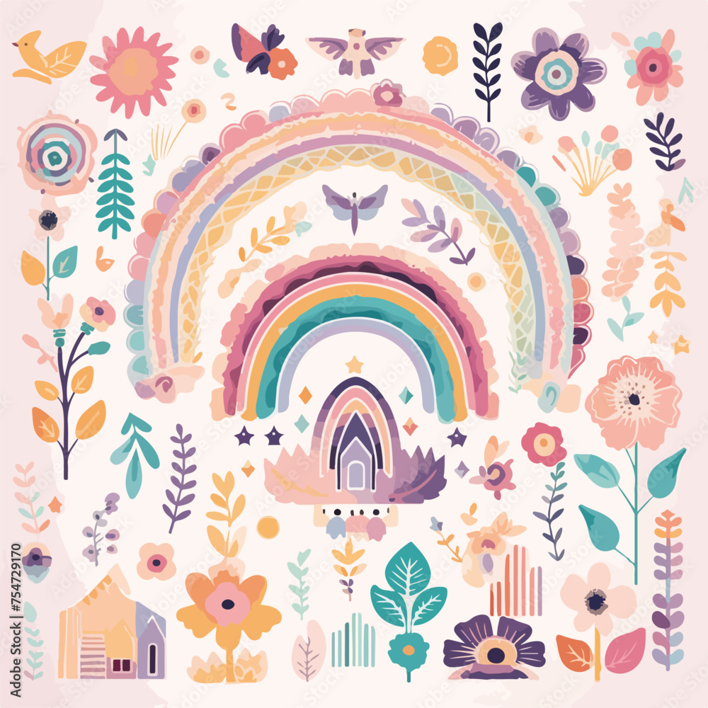 Obraz premium Boho Rainbow leaf flowers butterfly cute kids vector set
