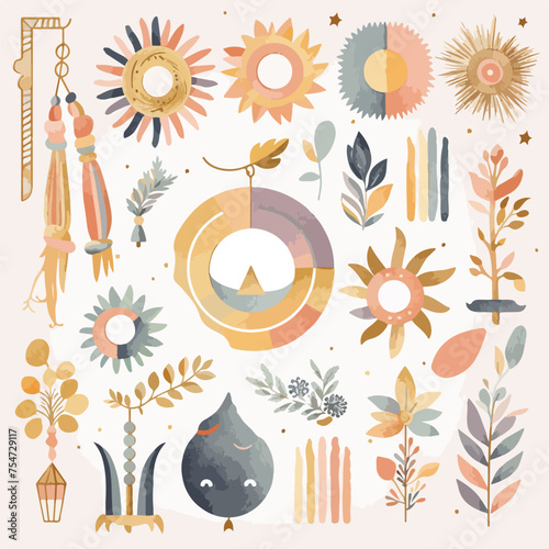 Boho Rainbow leaf flowers cute kids vector set
