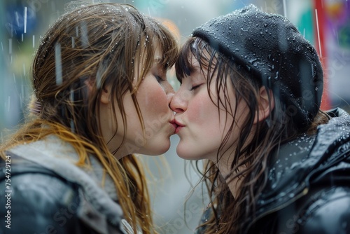 Zwei Frauen küssen sich im Regen  photo