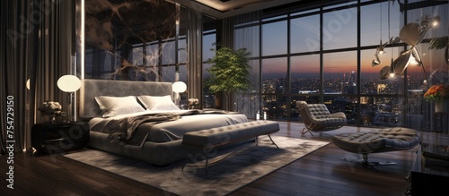 A luxury bedroom with a king-size bed, table, and chair, featuring a large window overlooking the cityscape.