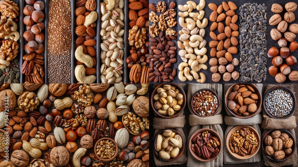 An exquisite collection of nuts and seeds in a variety of containers for health lovers