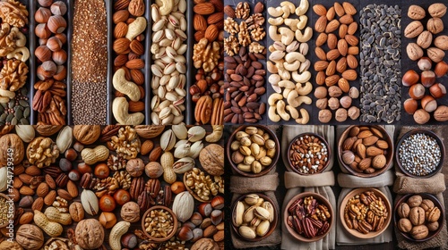 An exquisite collection of nuts and seeds in a variety of containers for health lovers