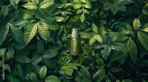 Fresh green leaves encircle a sleek spray bottle, evoking an organic and eco-friendly cosmetic product presentation photo
