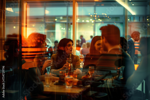 Group of young business people having a meeting in a restaurant at night