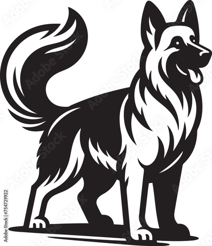 German Shepherd dog vector illustration, black and white canine mascot logo, standing purebred pet silhouette, EPS format graphic for branding