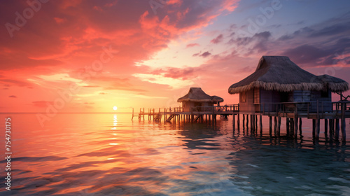 Beautiful sunset over the ocean with some huts in