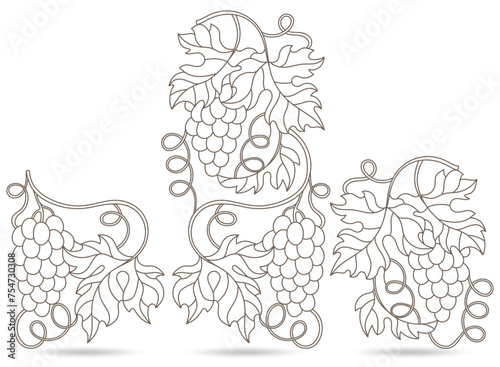 A set of contour illustrations in the style of stained glass with grape vines, dark contours isolated on a white background