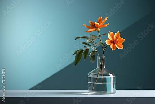 Orange lilies in a glass vase against a blue wall. Minimalism. Generated by artificial intelligence