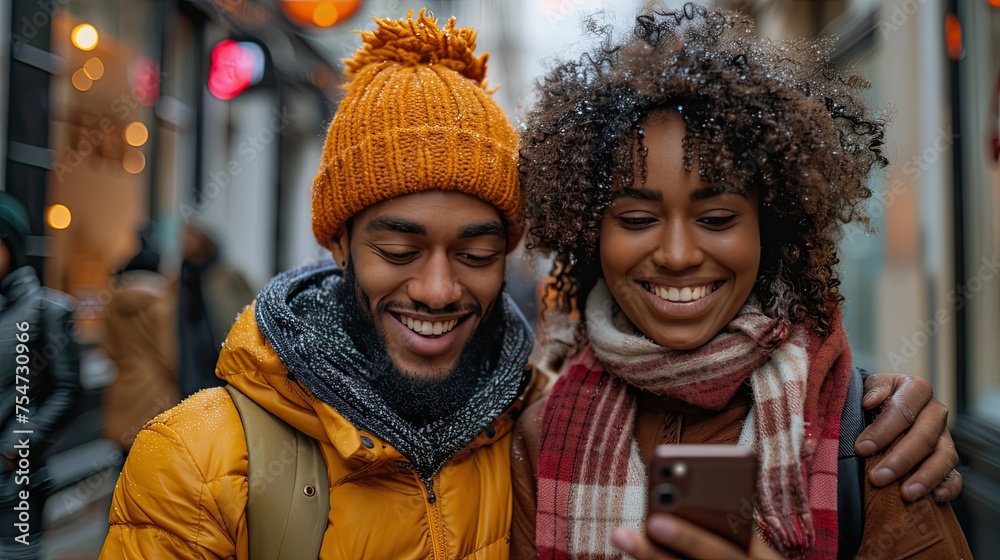 smiling young couple embracing while looking at smartphone multiethnic couple sharing social media  