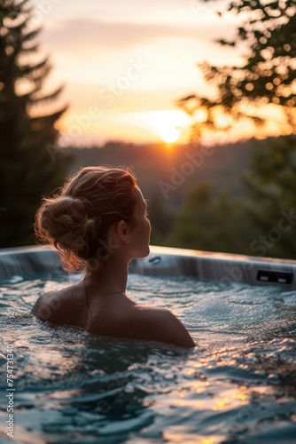 Eine Frau im Urlaub bei Sonnenuntergang in einem Whirlpool 