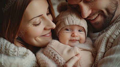 portrait of parents and newborn baby father and mother kiss and hug a beautiful newborn child 