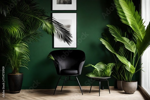 A well-composed image reveals the elegance of a black chair paired with a vibrant green palm plant, creating a visually pleasing interior setting.