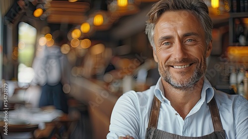 happy businessman restaurant owner proudly looking at crowded restaurant  