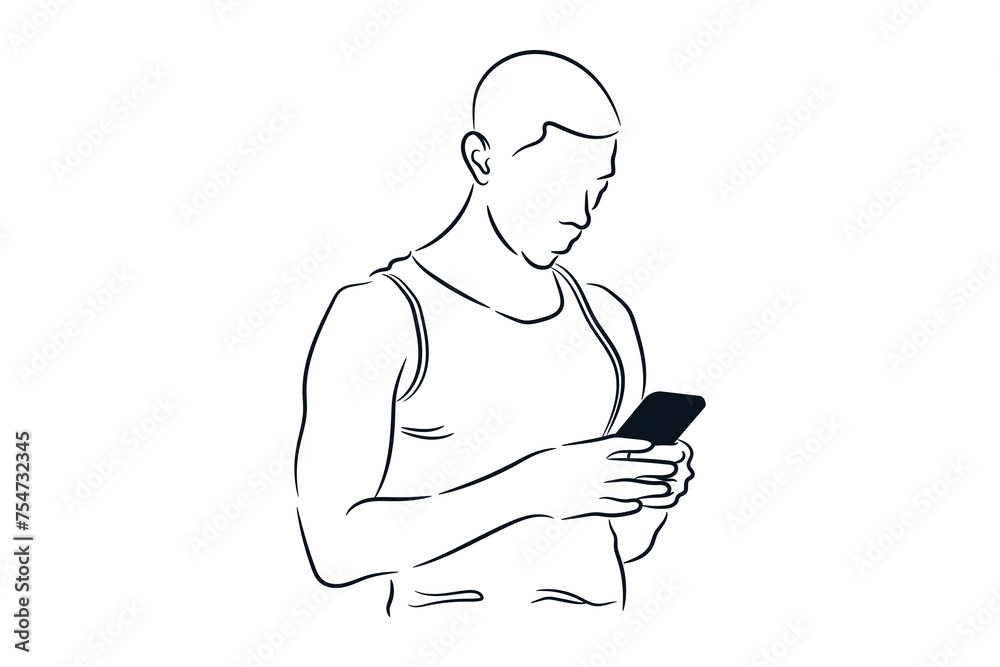 Man holding cell phone in his hands line drawing vector sketch illustration Man holding cell phone in his hands line drawing vector sketch illustration