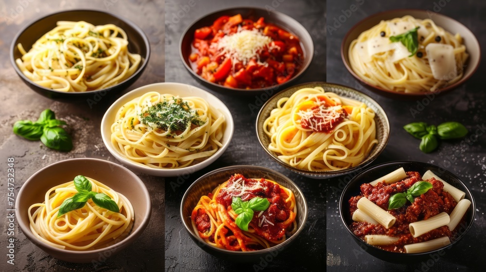 Cooked pasta, pasta with different sauces on a dark background. Appetizing pasta laid out in round deep plates and decorated with fresh basil leaves. Side view. Copy space. Mockup.