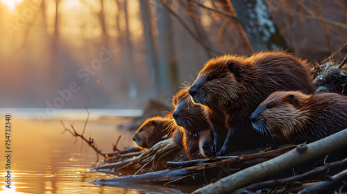 Beaver family sitting at the bank of the forest river with setting sun. Group of wild animals in nature. © linda_vostrovska