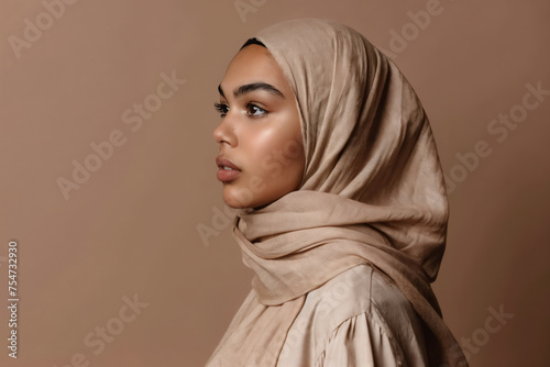 A side view of a young Muslim female model wearing a beige headscarf, looking directly at the camera against a brown background.