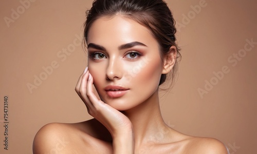 an image of a woman that is showing off her perfect skin. ai generative