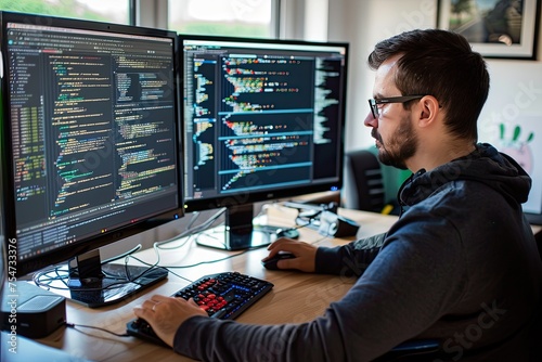 A professional cybersecurity expert analyzing code on multiple monitors