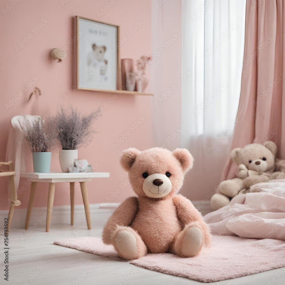 クマのぬいぐるみ パステルカラーのベッドルーム 5000×5000 - 1 - obrazy, fototapety, plakaty 