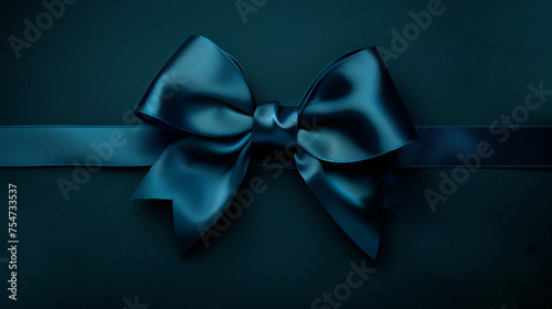 Blue velvet background with a bow. Dark blue bow, ribbon.