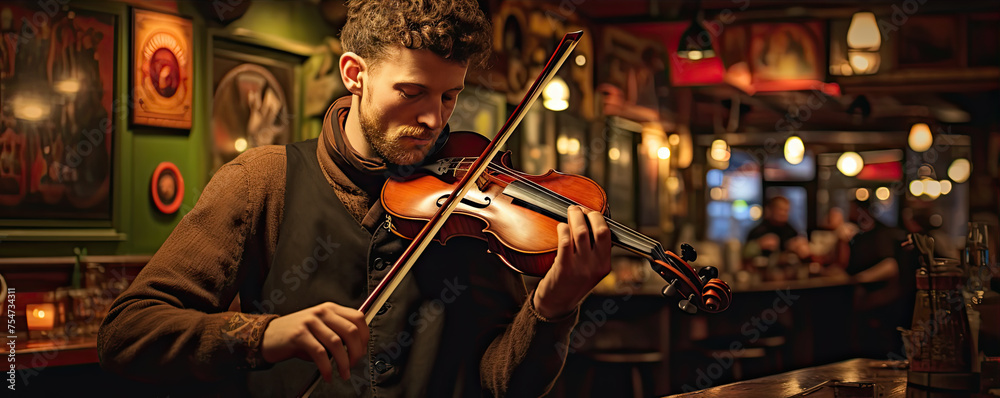 Fototapeta premium Violinist playing in a vintage style bar