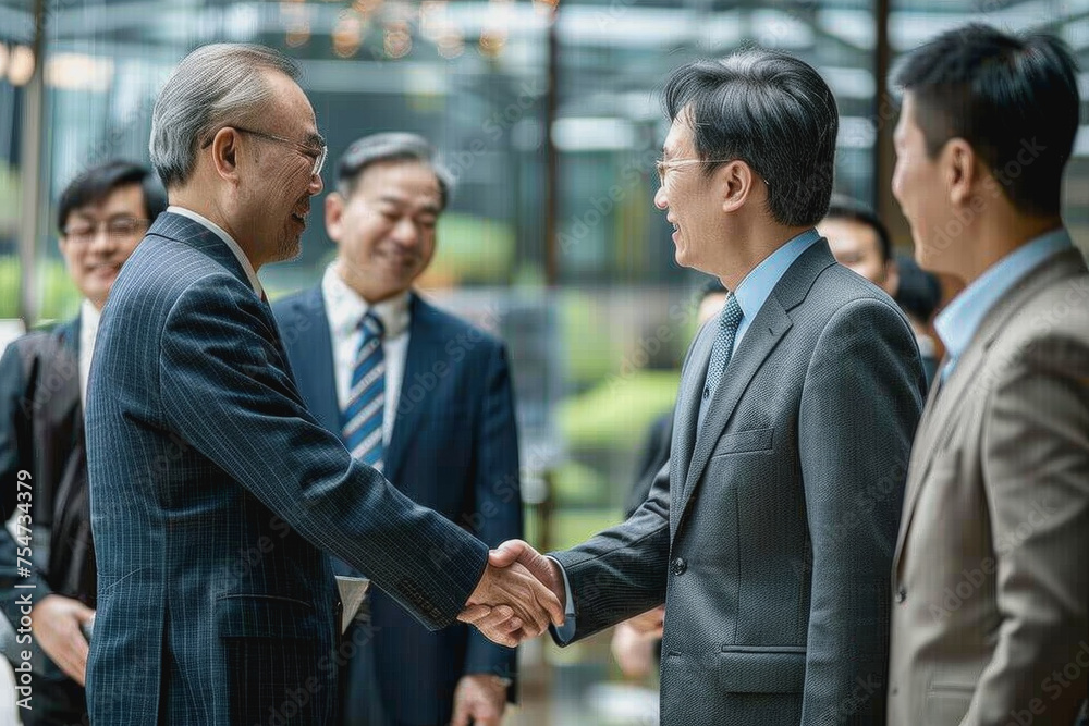 Asian businessmen meet and shake hands to do business. Inside a modern office. AI Generated Asian businessmen meet and shake hands to do business. Inside a modern office. AI Generated
