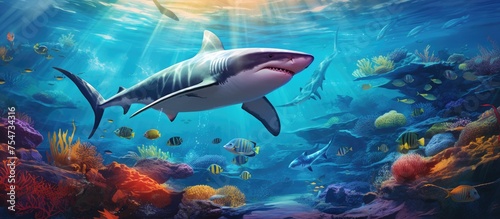 The painting depicts a Myliobatidae shark gracefully moving through the depths of the ocean, surrounded by various marine life in a vibrant tropical ecosystem.