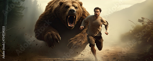 Man running from a bear in a forest photo
