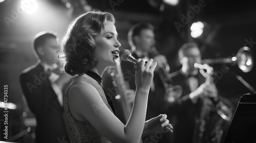 In a black and white image, a woman sings into a microphone in front of a jazz band during a live performance. photo