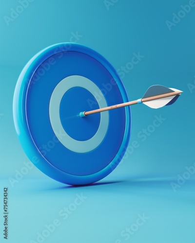 Close-up of a blue arrow hitting the bull's eye - concept of achievement and precision