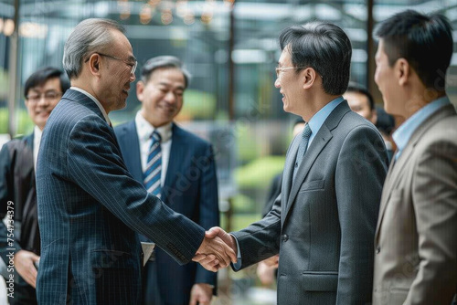 Asian businessmen meet and shake hands to do business. Inside a modern office. AI Generated