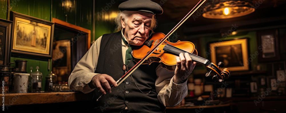 Fototapeta premium Violinist playing in a vintage style bar