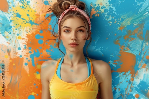 Energetic young sportswoman smiles in sportswear against the background of a bright wall with artistic graffiti