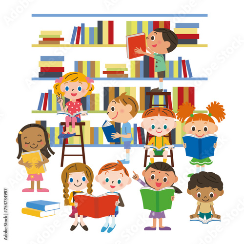 図書館で読書をする子供達