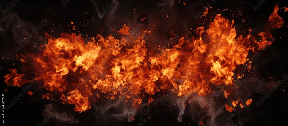 A large amount of fire erupting fiercely against a stark black background, creating a dramatic and intense scene. Flames engulfing the space with fiery intensity and power.
