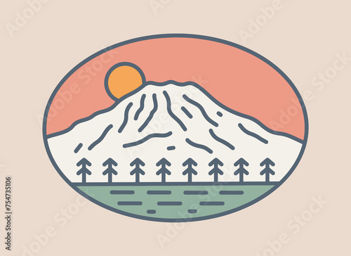 Illustration of Mt Rainier national Park in simple mono line style design for badge, t shirt, sticker, etc