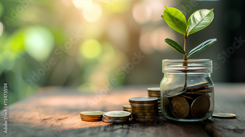 A row of four plant seedlings are in jars with pennies on top. The pennies are arranged in a way that they look like they are growing out of the soil. Concept of growth and prosperity
